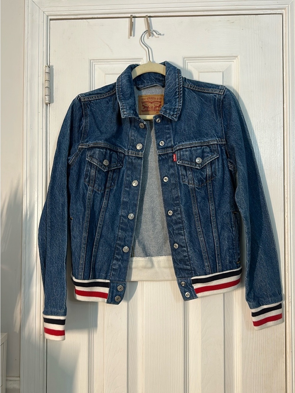Levi's Blue Denim Jacket with Red, White & Black Stripe Hem